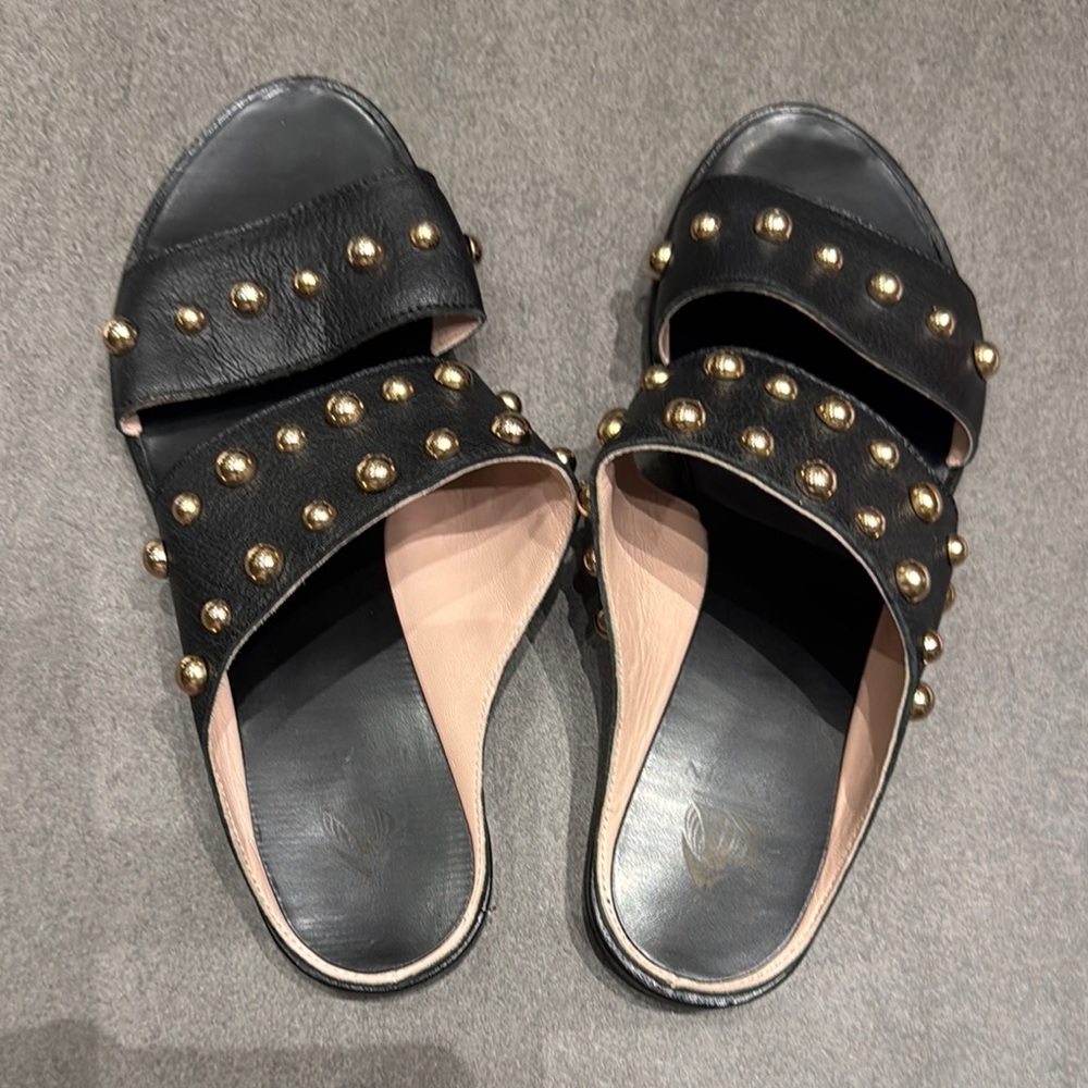 Lanvin Designer Black leather and Gold Studded Women's Sandals, size 38